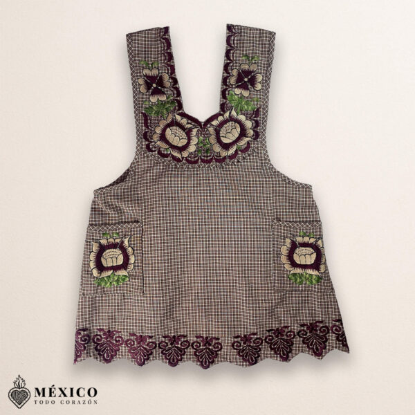 Brown Mexican embroidered cotton apron featuring floral patterns, perfect kitchen and cooking gift
