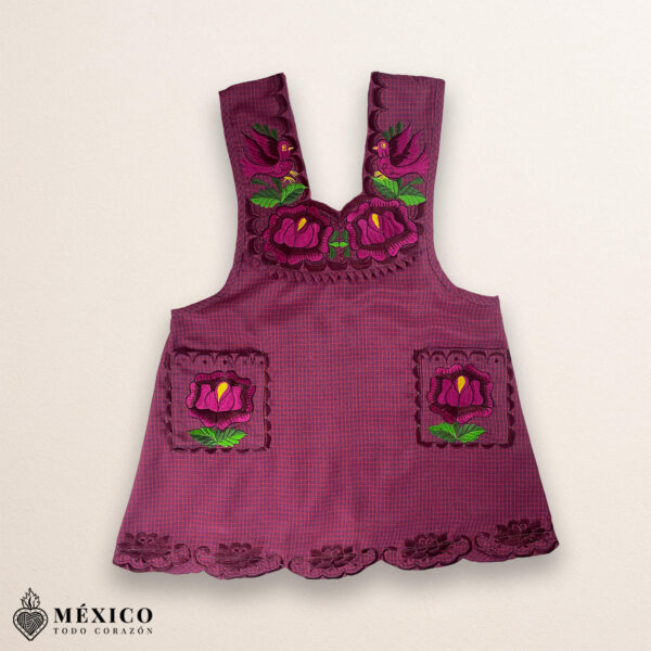 Burgundy Mexican Embroidered Apron – Floral & Birds Cotton Kitchen Cooking Gift - Image 2