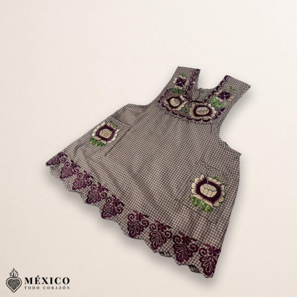 Brown Mexican embroidered cotton apron featuring floral patterns, perfect kitchen and cooking gift