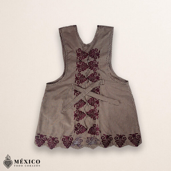 Brown Mexican embroidered cotton apron featuring floral patterns, perfect kitchen and cooking gift