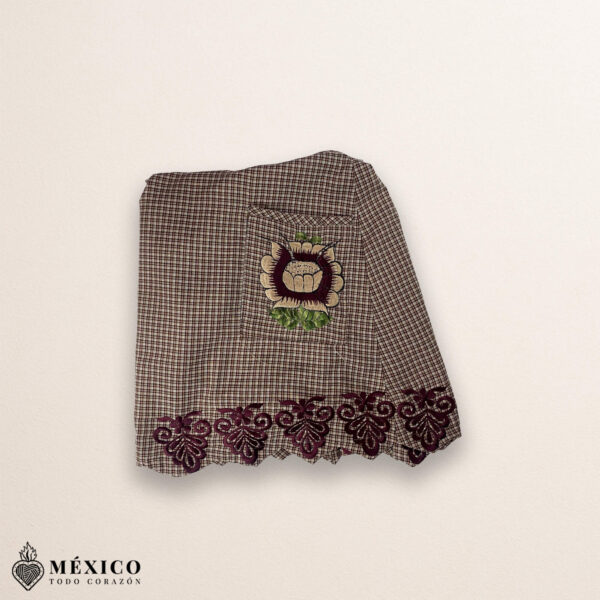 Brown Mexican embroidered cotton apron featuring floral patterns, perfect kitchen and cooking gift