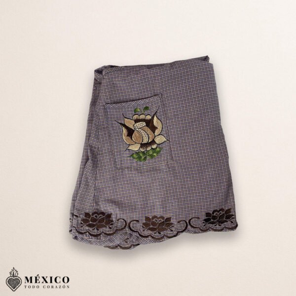 Light brown Mexican embroidered cotton apron featuring beige floral patterns, ideal kitchen and cooking gift.
