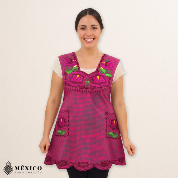 Burgundy Mexican embroidered cotton apron with floral and bird designs, ideal as a kitchen cooking gift