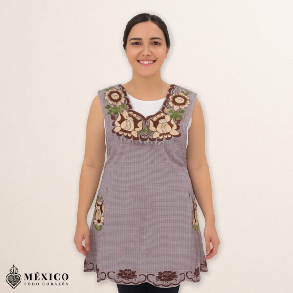 Light brown Mexican embroidered cotton apron featuring beige floral patterns, ideal kitchen and cooking gift.