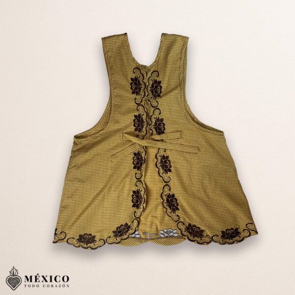 Yellow Mexican embroidered cotton apron with brown accent floral design, perfect kitchen gift