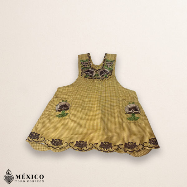 Yellow Mexican embroidered cotton apron with brown accent floral design, perfect kitchen gift