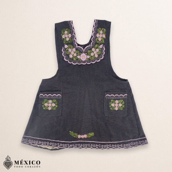 Gray Mexican embroidered basic handmade apron featuring a floral design