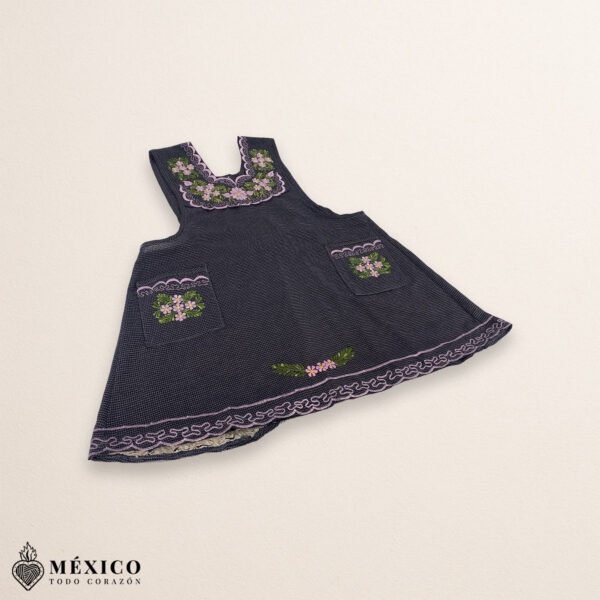 Gray Mexican embroidered basic handmade apron featuring a floral design