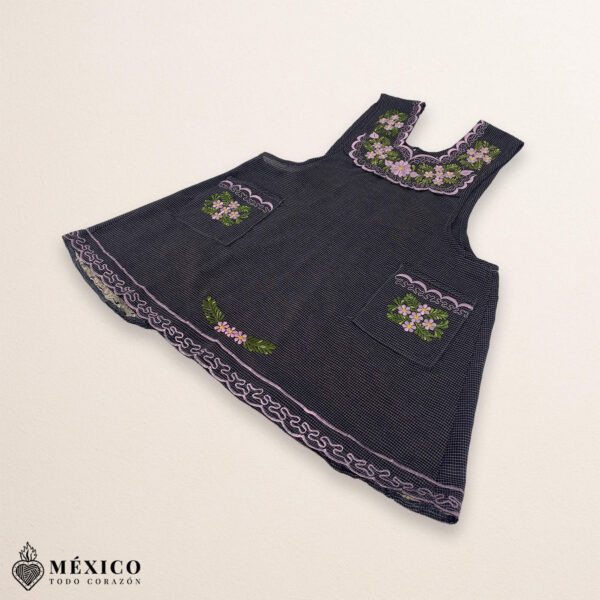 Gray Mexican embroidered basic handmade apron featuring a floral design