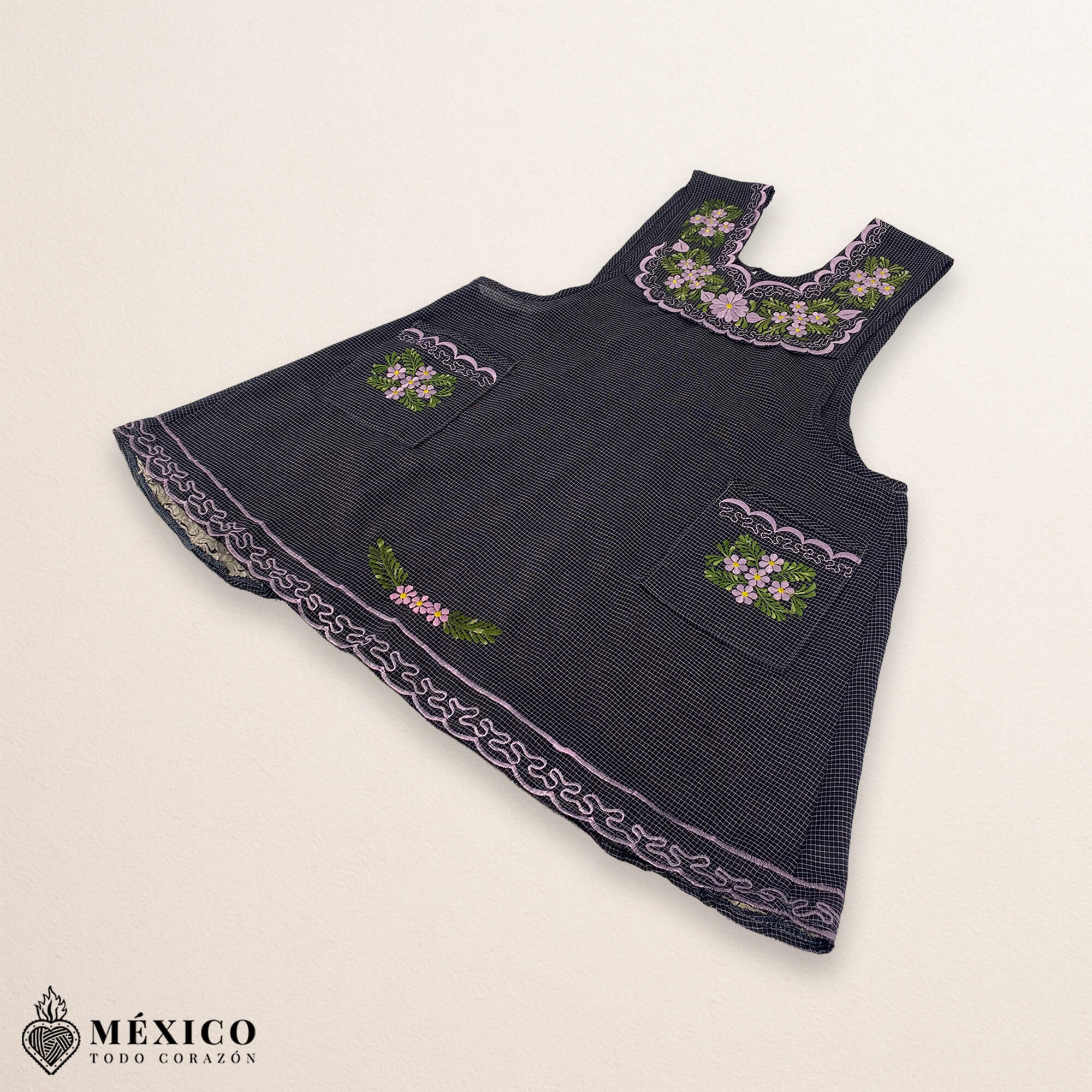 Gray Mexican embroidered basic handmade apron featuring a floral design
