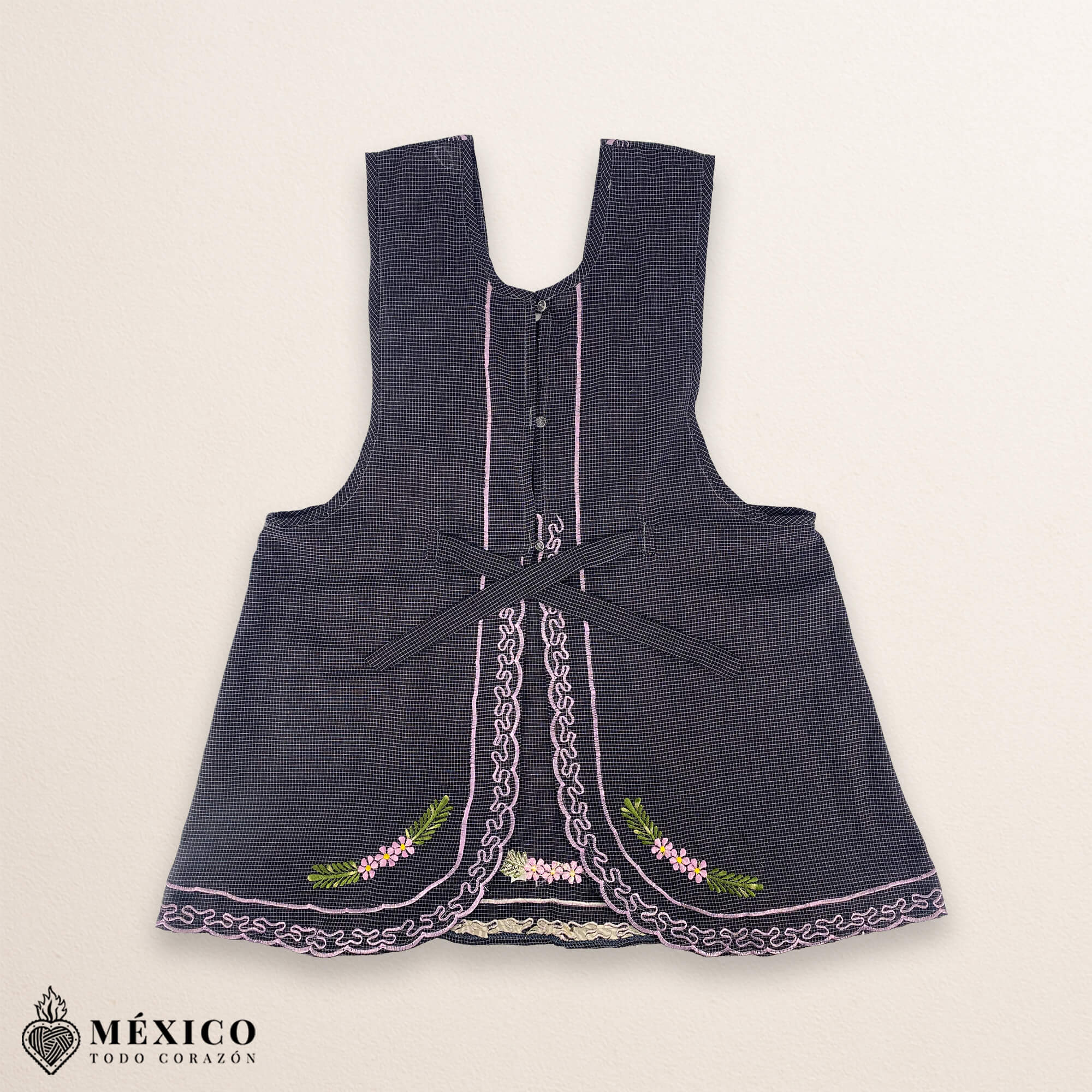 Gray Mexican embroidered basic handmade apron featuring a floral design