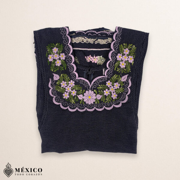 Gray Mexican embroidered basic handmade apron featuring a floral design