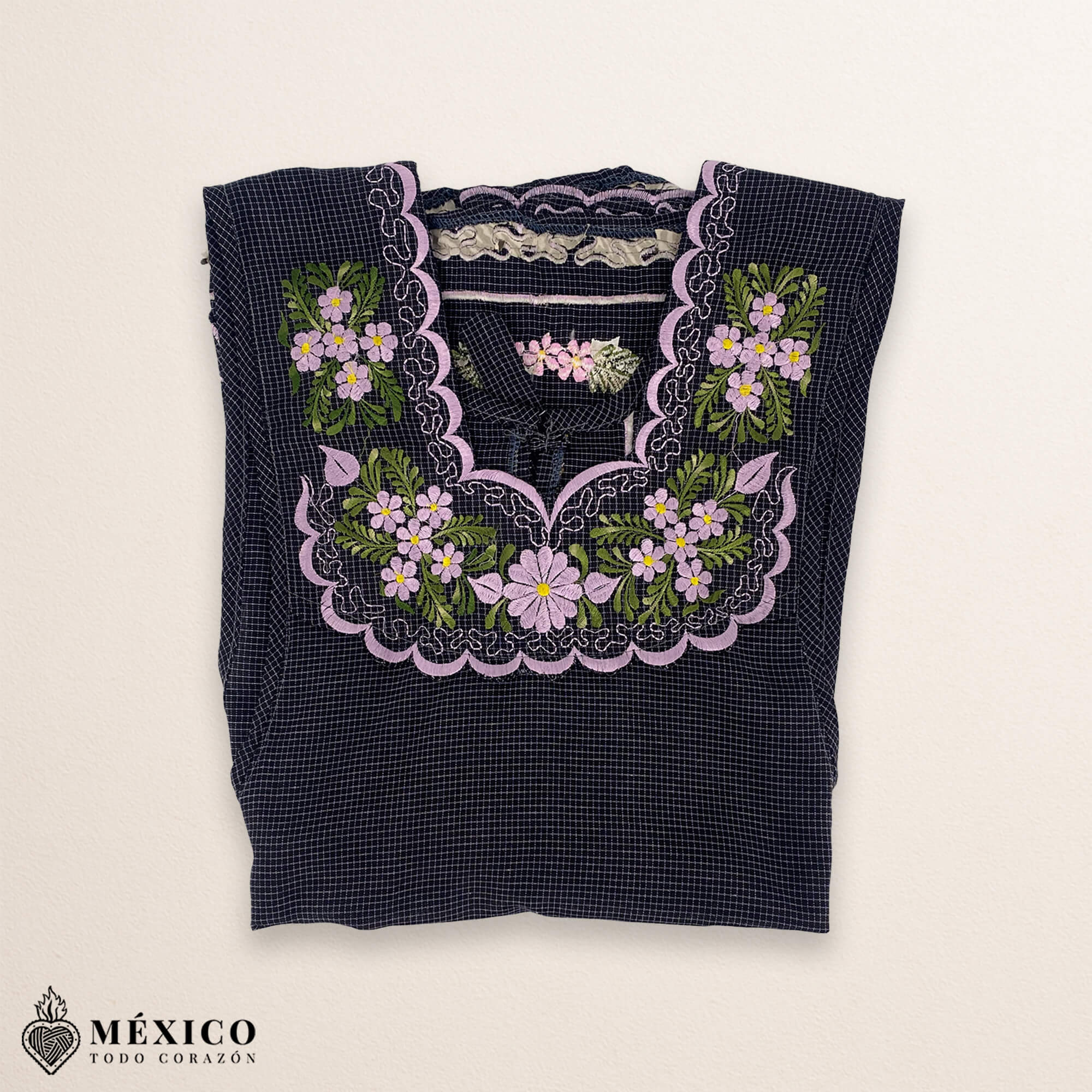 Gray Mexican embroidered basic handmade apron featuring a floral design