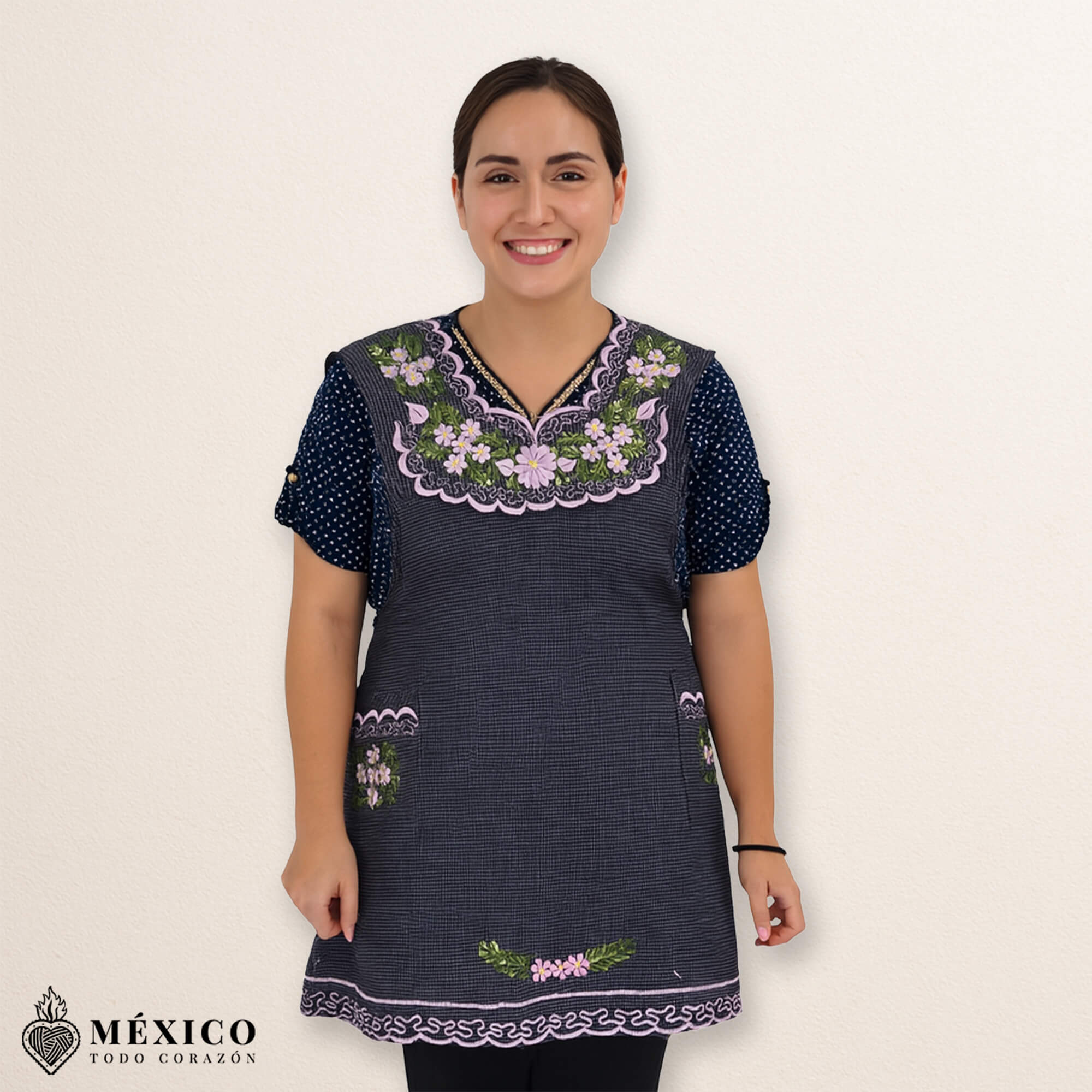 Gray Mexican embroidered basic handmade apron featuring a floral design