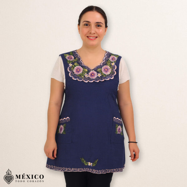 Blue Mexican embroidered basic handmade apron featuring a floral design