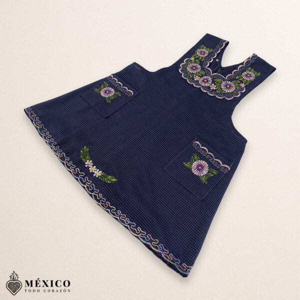 Blue Mexican embroidered basic handmade apron featuring a floral design
