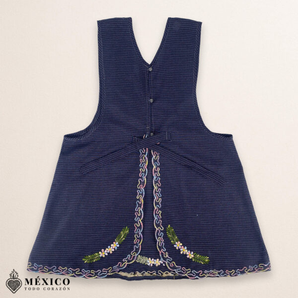 Blue Mexican embroidered basic handmade apron featuring a floral design