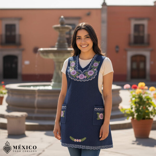 Blue Mexican embroidered basic handmade apron featuring a floral design