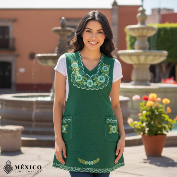 Green Mexican embroidered basic handmade apron featuring a floral design