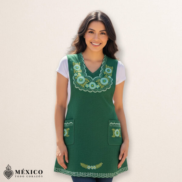 Green Mexican embroidered basic handmade apron featuring a floral design