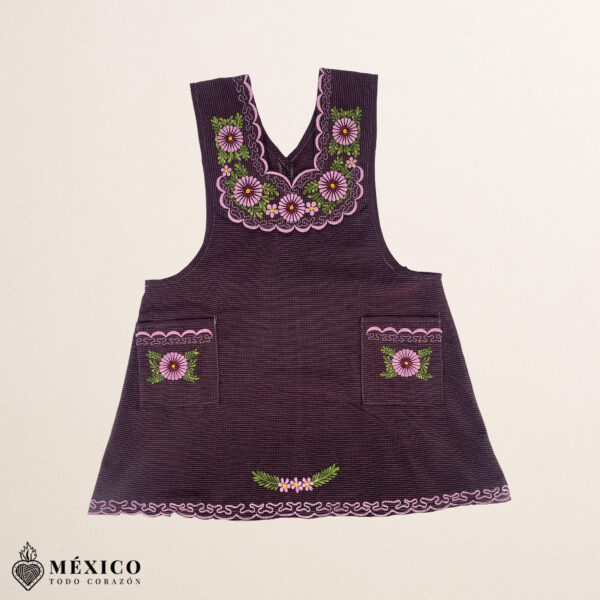 Burgundy Mexican embroidered basic handmade apron featuring a floral design