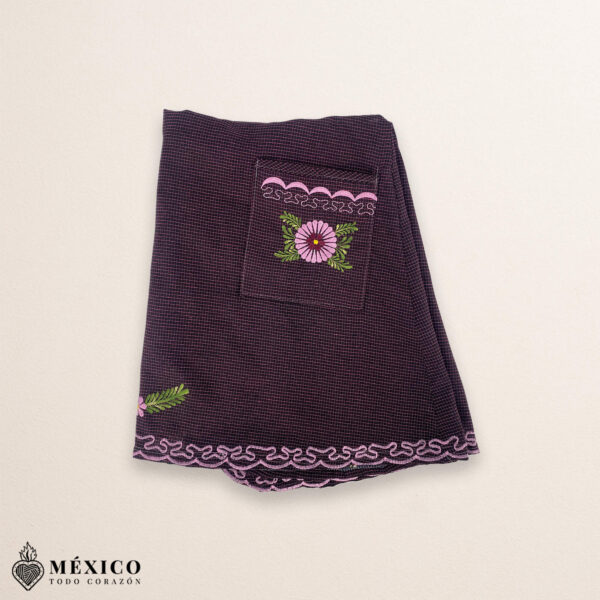 Burgundy Mexican embroidered basic handmade apron featuring a floral design