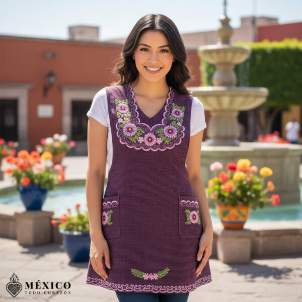Burgundy Mexican embroidered basic handmade apron featuring a floral design