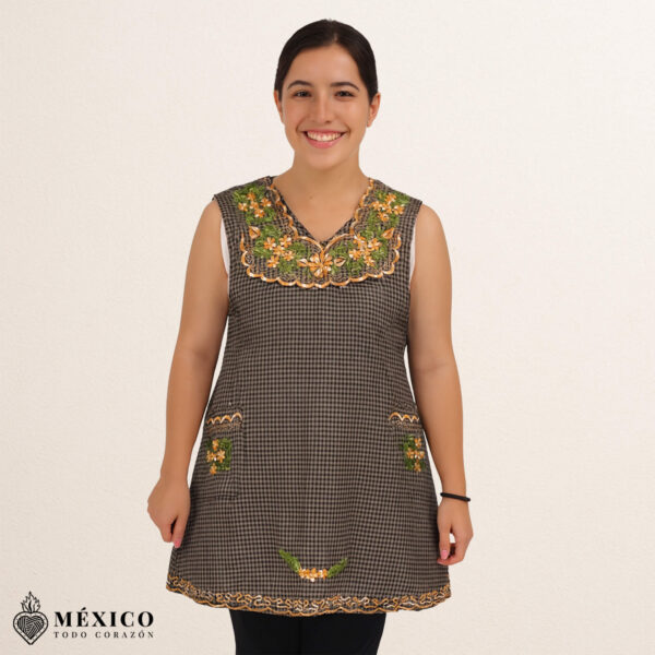 Brown Mexican embroidered basic handmade apron featuring a floral design