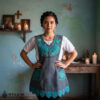 Turquoise Mexican embroidered standard kitchen apron featuring floral embroidery