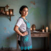 Turquoise Mexican embroidered standard kitchen apron featuring floral embroidery