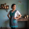 Turquoise Mexican embroidered standard kitchen apron featuring floral embroidery