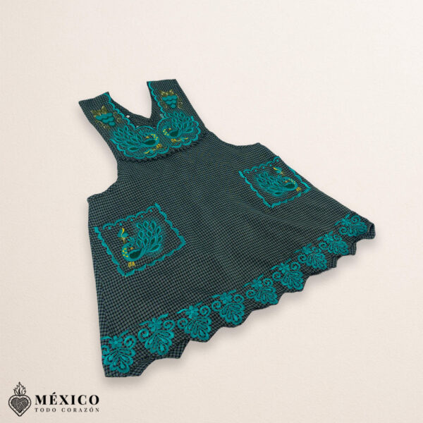 Turquoise Mexican embroidered standard kitchen apron featuring floral embroidery