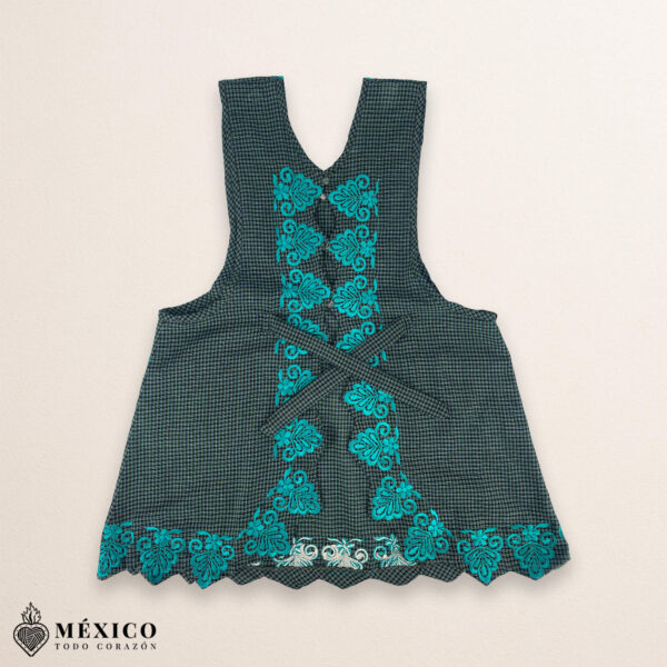 Turquoise Mexican embroidered standard kitchen apron featuring floral embroidery