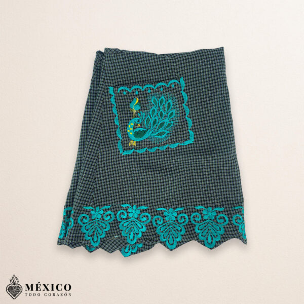 Turquoise Mexican embroidered standard kitchen apron featuring floral embroidery