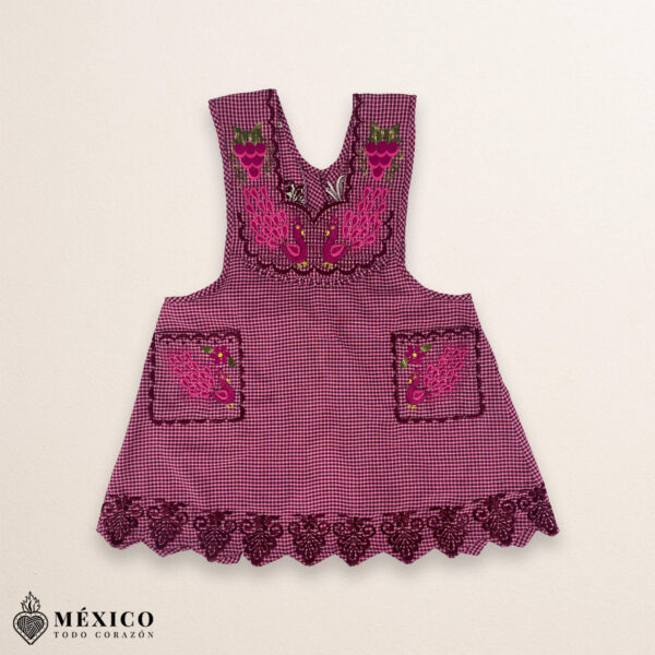 Pink Mexican embroidered standard kitchen apron featuring floral embroidery