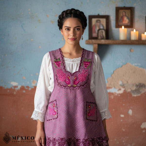 Pink Mexican embroidered standard kitchen apron featuring floral embroidery