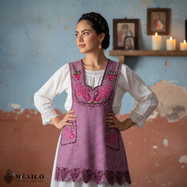 Pink Mexican embroidered standard kitchen apron featuring floral embroidery