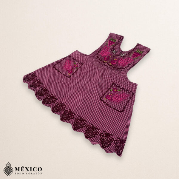 Pink Mexican embroidered standard kitchen apron featuring floral embroidery