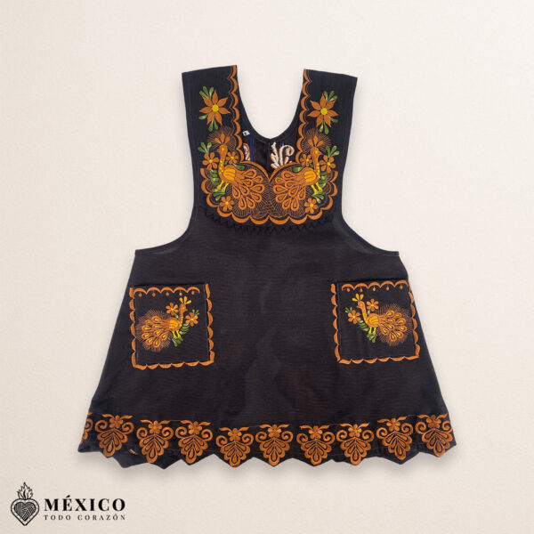 Brown Mexican embroidered standard kitchen apron featuring floral embroidery