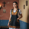 Brown Mexican embroidered standard kitchen apron featuring floral embroidery