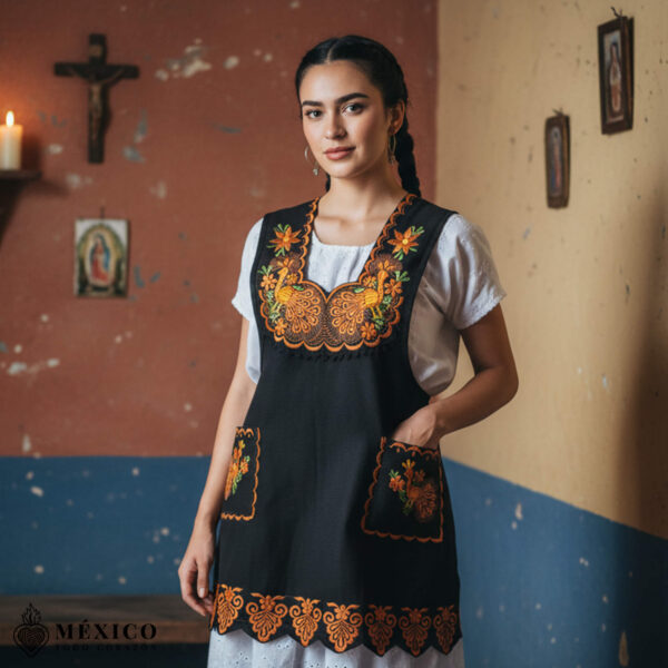 Brown Mexican embroidered standard kitchen apron featuring floral embroidery