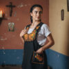 Brown Mexican embroidered standard kitchen apron featuring floral embroidery