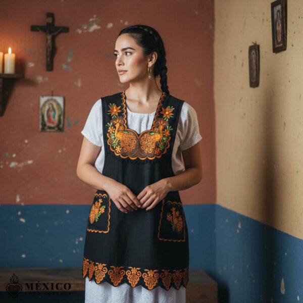 Brown Mexican embroidered standard kitchen apron featuring floral embroidery