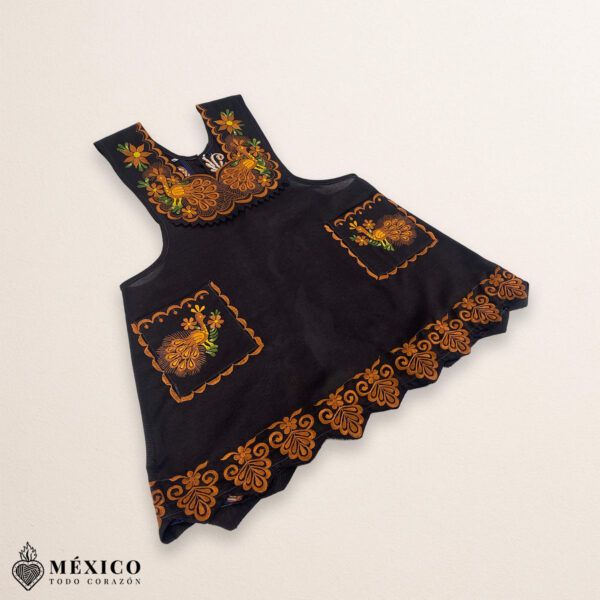 Brown Mexican embroidered standard kitchen apron featuring floral embroidery
