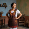 Brown and red Mexican embroidered standard kitchen apron featuring floral embroidery