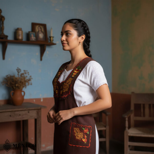 Brown and red Mexican embroidered standard kitchen apron featuring floral embroidery