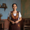 Brown and red Mexican embroidered standard kitchen apron featuring floral embroidery
