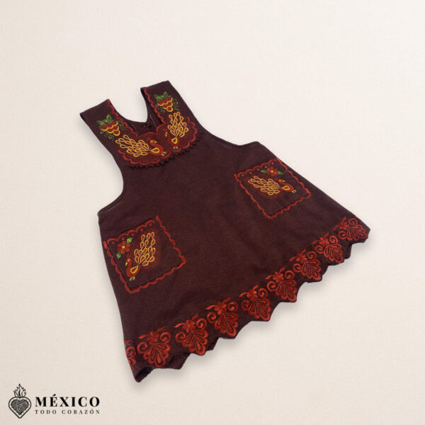 Brown and red Mexican embroidered standard kitchen apron featuring floral embroidery
