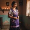 Purple Mexican embroidered standard kitchen apron featuring floral embroidery