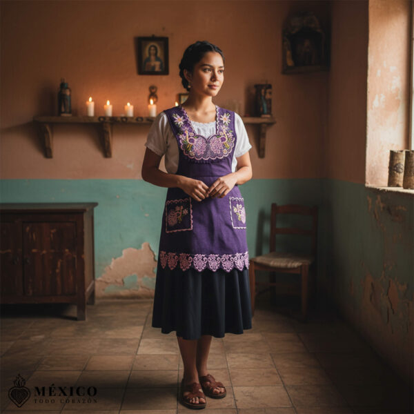 Purple Mexican embroidered standard kitchen apron featuring floral embroidery